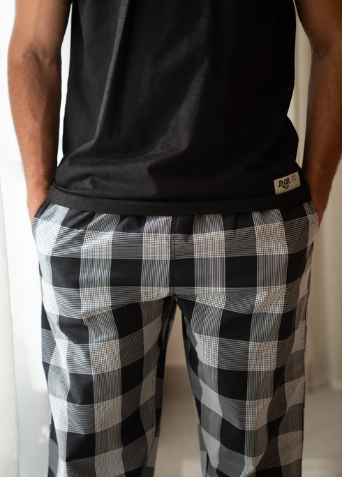 Men summer pajama set Black T-shirt + Black X White Glen Plaid Pants